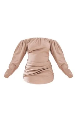 Plus Mushroom Linen Look Ruched Bardot Bodycon Dress -Goremje Style b327580d082f9e60c832e6a7b4b4446b51057e73 cnd7648 5