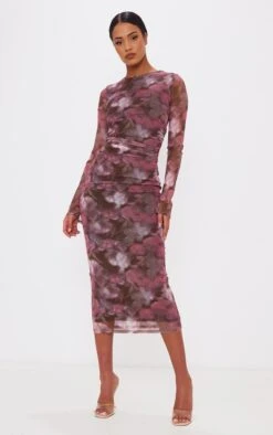 Tall Pink Floral Print Ruched Midaxi Dress
