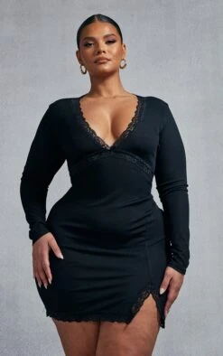 Plus Black Rib Lace Detail Split Hem Bodycon Dress -Goremje Style b532df29cf4a0311ba1021d2405267edd392dfc8 cnc9739 3