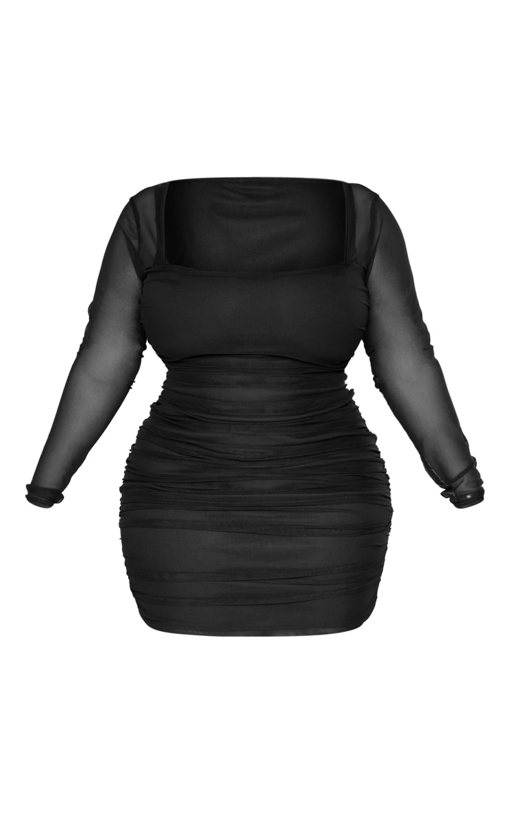 Plus Black Mesh Square Neck Ruched Bodycon Dress 7 Plus Black Mesh Square Neck Ruched Bodycon Dress - Image 5