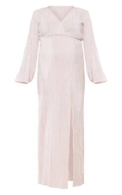 Maternity Champagne Plisse Maxi Dress With Split -Goremje Style b62eb3d78d901e6a4cc81d5b14b4d95dddf49072 cnd3091 5