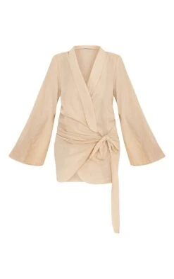 Plus Off White Linen Look Extreme Plunge Tie Detail Shift Blazer Dress -Goremje Style b76e0019cd40b5f9a2a417491f5711dfd673a3d2 cne1821 5