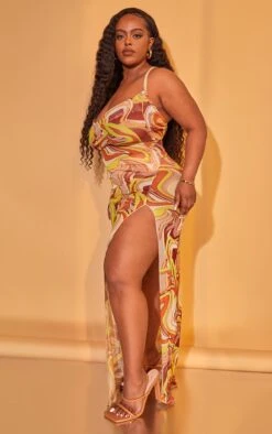 Plus Brown Abstract Print Mesh Maxi Dress