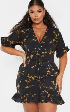 Plus Black Floral Corset Swing Dress