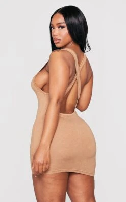 Shape Camel Acid Wash Cross Over Back Mini Dress