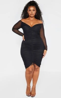 Plus Black Mesh Ruched Bardot Midi Dress -Goremje Style bb1ba8cf936c7103ca591338db941881b48efe7e cme0480 4
