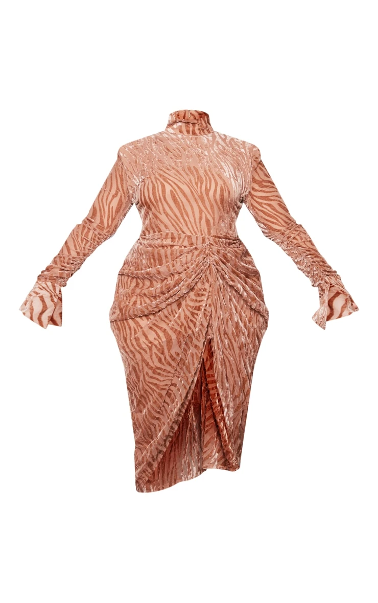 Plus Mocha Zebra Devore High Neck Draped Midi Dress 7 Plus Mocha Zebra Devore High Neck Draped Midi Dress - Image 5