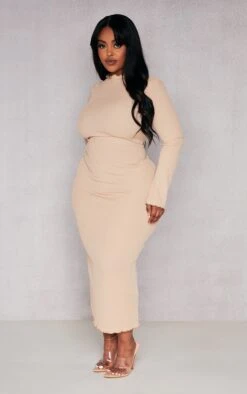 Plus Desert Sand Rib Lettuce Hem Long Sleeve Midaxi Dress -Goremje Style bc417e847f41bd52340ff2427d93efddcdc867c3 cnd3031 3