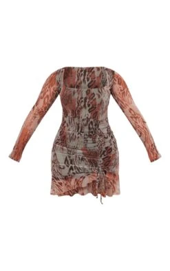 Shape Grey Leopard Print Mesh Long Sleeve Ruched Side Frill Hem Bodycon Dress -Goremje Style bc4bd4bb00905da38de1e2640c403d6a65f74145 cne3055 5