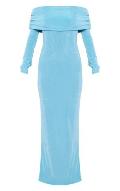 Petite Bright Blue Acetate Slinky Bardot Long Sleeve Maxi Dress -Goremje Style bced1107ed4c3d906b191f223dcbdeb749535ce9 cne5229 5