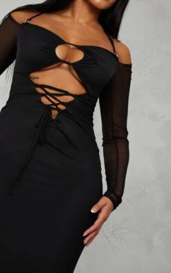 Shape Black Mesh Flared Sleeve Bardot Midaxi Dress -Goremje Style be936cec08486402bc398394fc8991fdce0a9655 cnb1143 4