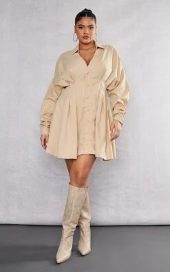 Plus Beige Woven Pleated Button Down Oversized Puff Shirt Dress