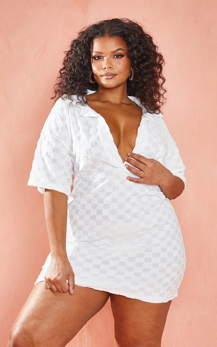 Plus Cream Check Towelling Shirt Dress 3 Plus Cream Check Towelling Shirt Dress