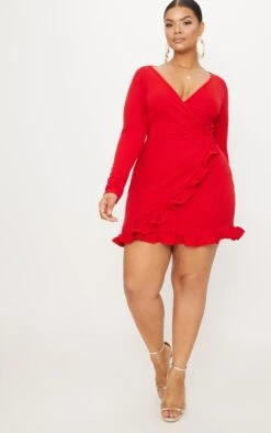 Plus Red Ruffle Detail Wrap Dress -Goremje Style bfd414dbe4924b718e71ba588d1906b94fcf9448 CLW4789 4