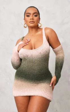 Shape Khaki Stripe Knit Square Neck Bardot Sleeve Dress