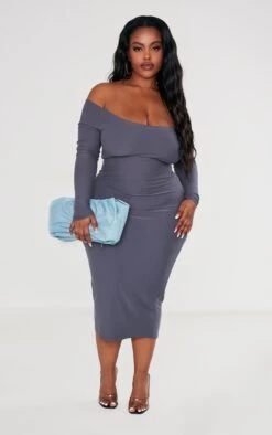 Plus Charcoal Soft Touch Bardot Bodycon Dress