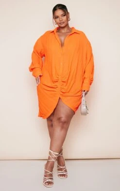 Plus Orange Textured Gathered Detail Long Sleeve Shirt Dress -Goremje Style c12a36068214cd59a4cf5d9b07891a8830d12f2b cne0686 3