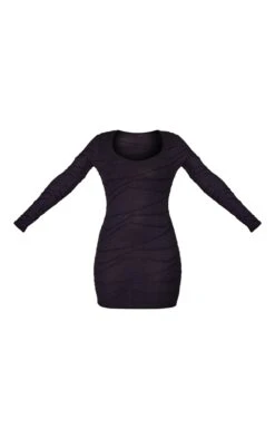 Petite Black Textured Scoop Neck Long Sleeve Bodycon Dress -Goremje Style c201bc3e208239858900ee06c642ab646ee2b212 cnd4344 5