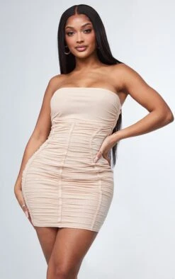 Shape Stone Mesh Bandeau Ruched Bodycon Mini Dress