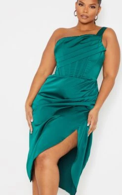 Plus Emerald Green Satin Drape Detail Side Split Midi Dress -Goremje Style c2c8cd7ec06d638893469deb36d94ea69ec30418 cmu5773 5