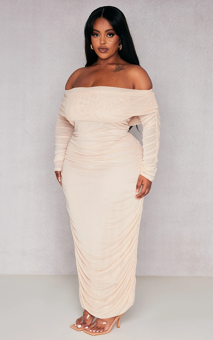 Plus Nude Mesh Bardot Long Sleeve Midi Dress 5 Plus Nude Mesh Bardot Long Sleeve Midi Dress - Image 3