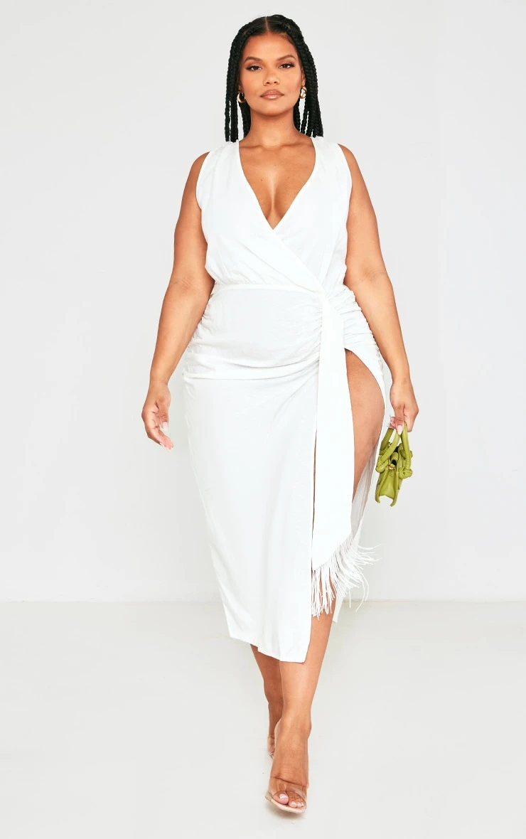 Plus Cream Linen Look Drape Detail Midi Dress 5 Plus Cream Linen Look Drape Detail Midi Dress - Image 3
