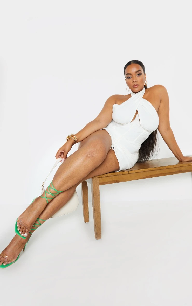 Plus White Corset Ruched Linen Look Bodycon Dress 3 Plus White Corset Ruched Linen Look Bodycon Dress