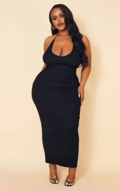 Plus Black Knitted Plunge Maxi Dress
