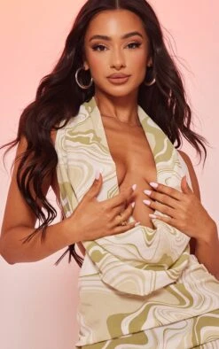 Petite Green Swirl Print Cowl Front Trim Detail Bodycon Dress -Goremje Style c522d2851915b3f7bed8b53dba734beb1d869c9c cne2301 4