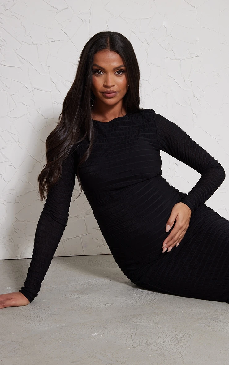 Maternity Black Shirred Long Sleeve Midi Dress 6 Maternity Black Shirred Long Sleeve Midi Dress - Image 4