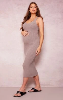 Maternity Taupe Knitted V Neck Midi Dress -Goremje Style c84daaef96691038c9985ab1a950ce9da34637af cne7338 3