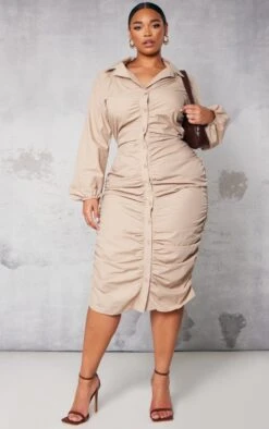 Plus Stone Poplin Ruched Front Midi Shirt Dress