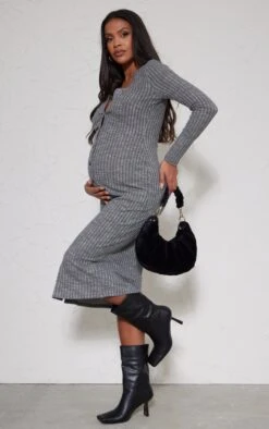 Maternity Dark Grey Fitted Soft Rib Midi Longsleeve Dress -Goremje Style ca1f903e7504ae99f165a4a8cb154310553c91d0 cnb9932 3