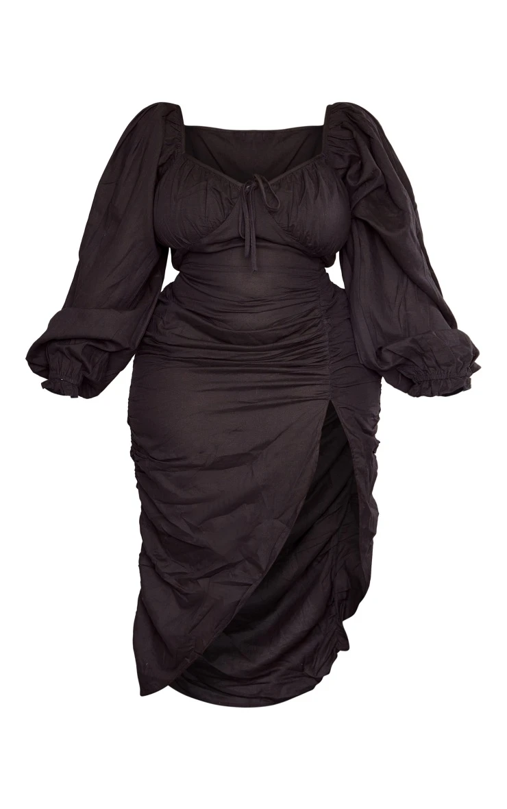 Plus Black Linen Look Ruched Side Split Midi Dress 7 Plus Black Linen Look Ruched Side Split Midi Dress - Image 5