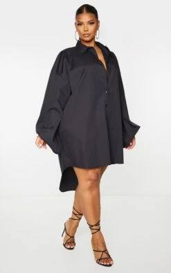 Plus Black Balloon Sleeve Shirt Dress