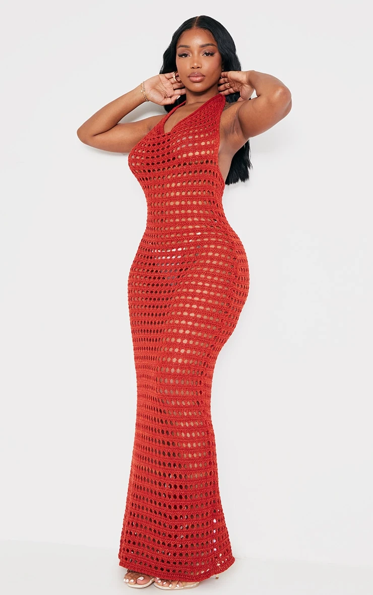 Shape Rust Crochet Knit Halterneck Open Back Maxi Dress 5 Shape Rust Crochet Knit Halterneck Open Back Maxi Dress - Image 3