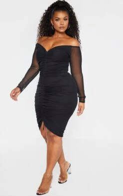 Plus Black Mesh Ruched Bardot Midi Dress
