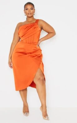 Plus Orange Satin Drape Detail Side Split Midi Dress -Goremje Style cb54d54db159016ec243eab9d16bde606ac29326 cmu5772 4