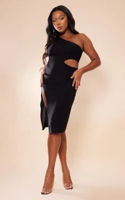 Plus Black One Shoulder Cut Out Midi Dress