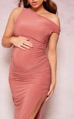 Maternity Deep Rose Slinky Asymmetric Hem Maxi Dress -Goremje Style cc4576df55d02e528e14cea594f0c10094358f5e cne2362 4