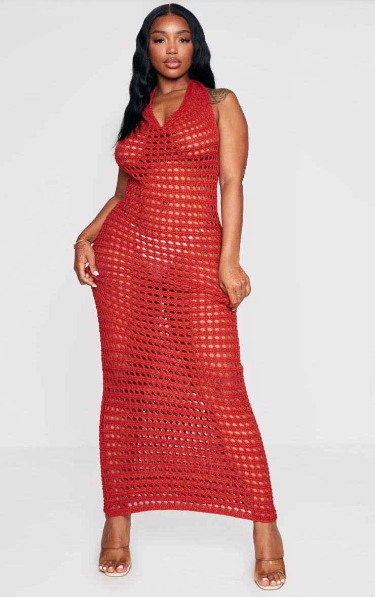 Shape Rust Crochet Knit Halterneck Open Back Maxi Dress 3 Shape Rust Crochet Knit Halterneck Open Back Maxi Dress