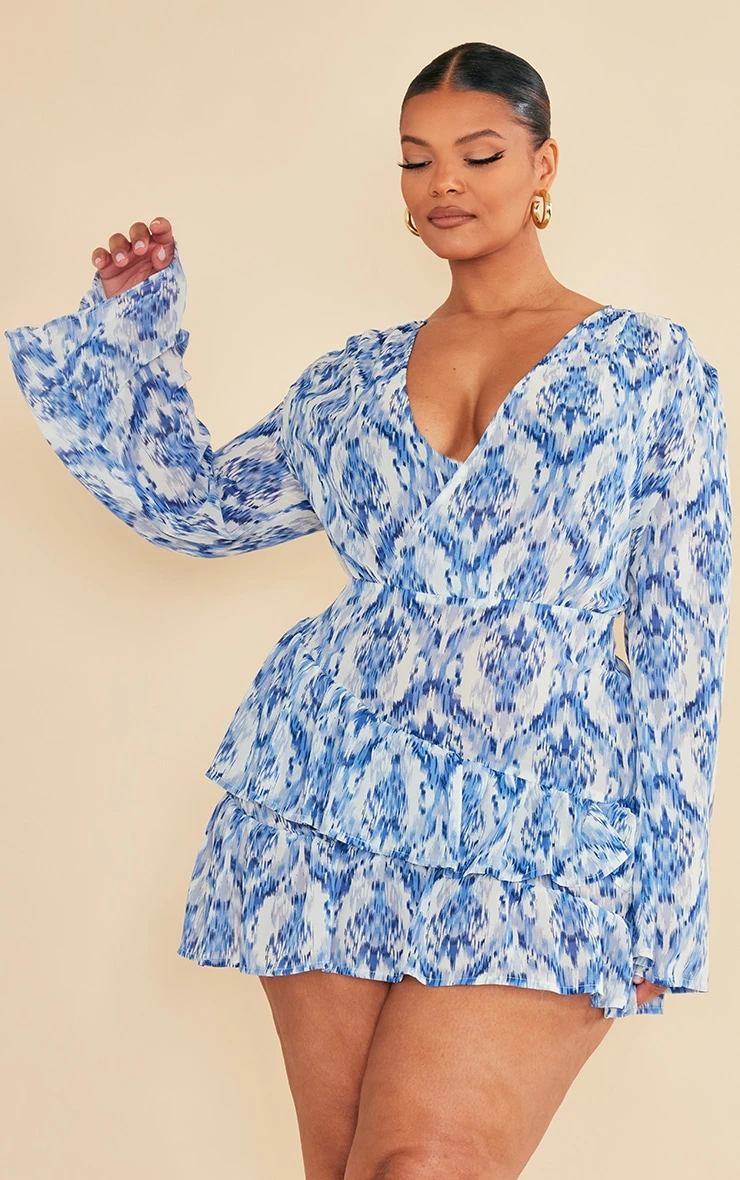 Plus Baby Blue Printed Ruffle Detail Shift Dress 5 Plus Baby Blue Printed Ruffle Detail Shift Dress - Image 3