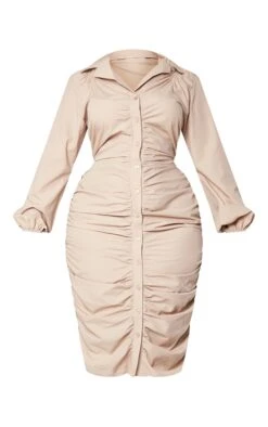 Plus Stone Poplin Ruched Front Midi Shirt Dress -Goremje Style cdefd05c672e9d76376f237efdee61b690e26b44 cnb4218 5