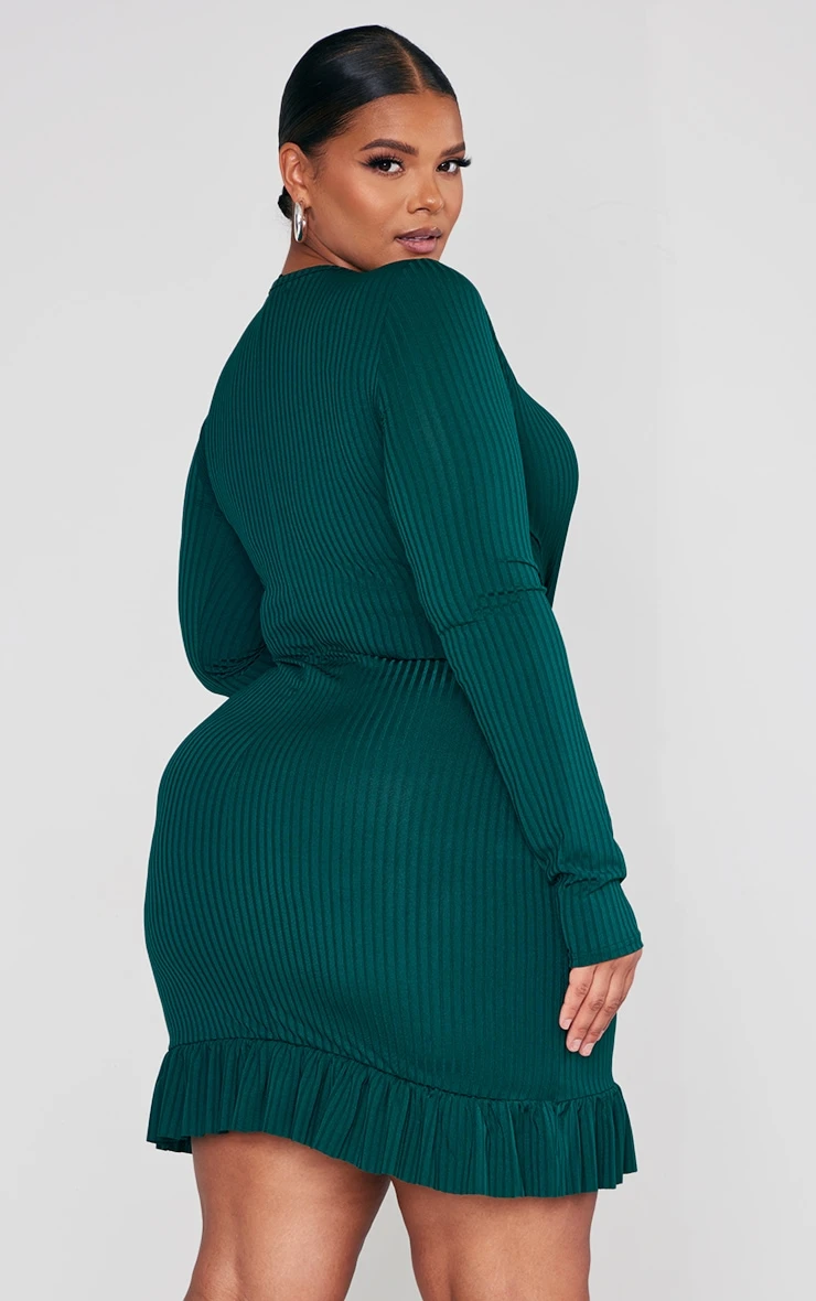 Plus Emerald Green Rib Frill Hem Bodycon Dress 4 Plus Emerald Green Rib Frill Hem Bodycon Dress - Image 2