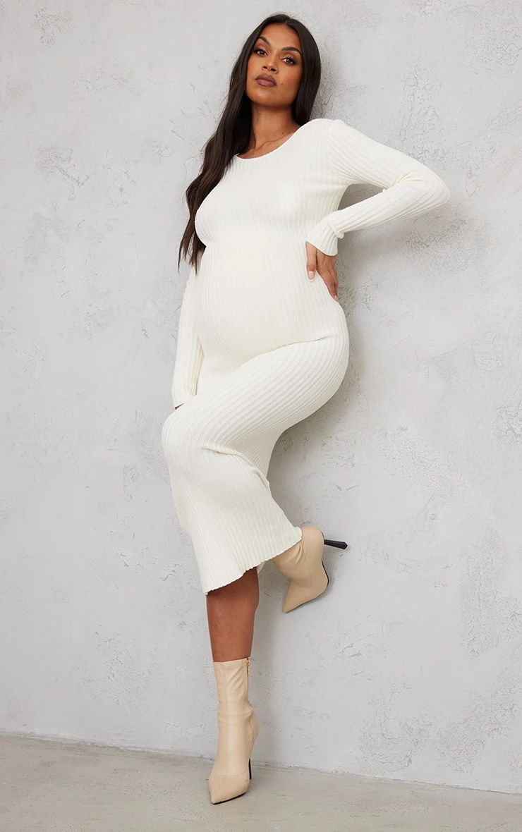 Maternity Cream Knitted Midaxi Tie Back Bodycon Dress 3 Maternity Cream Knitted Midaxi Tie Back Bodycon Dress