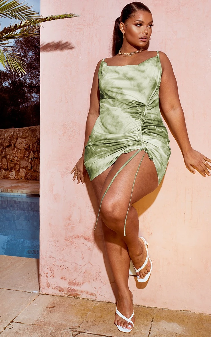 Plus Khaki Tie Dye Cowl Ruched Front Bodycon Dress 5 Plus Khaki Tie Dye Cowl Ruched Front Bodycon Dress - Image 3