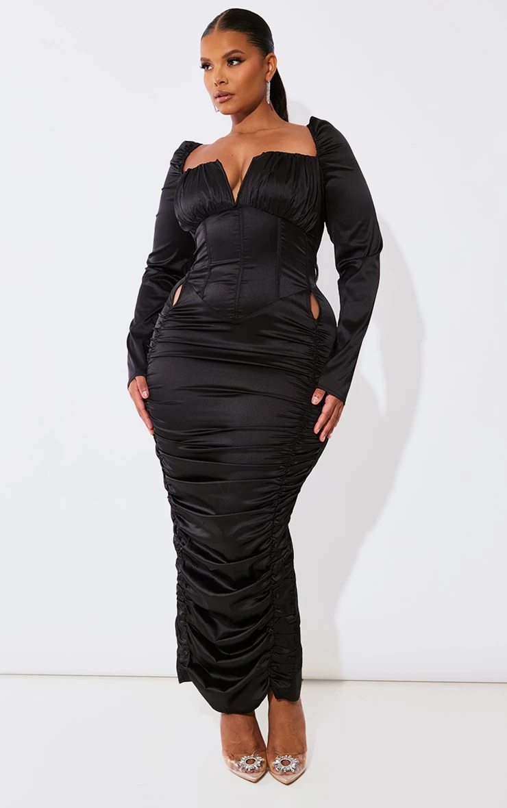 Plus Black Ruched Corset Satin Midi Dress 5 Plus Black Ruched Corset Satin Midi Dress - Image 3