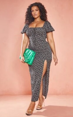 Plus Black Ditsy Floral Midi Dress