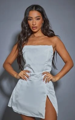 Petite White Satin Bandeau Mini Dress