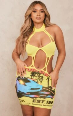 Shape Yellow Motorcross Printed Cut Out Mini Dress